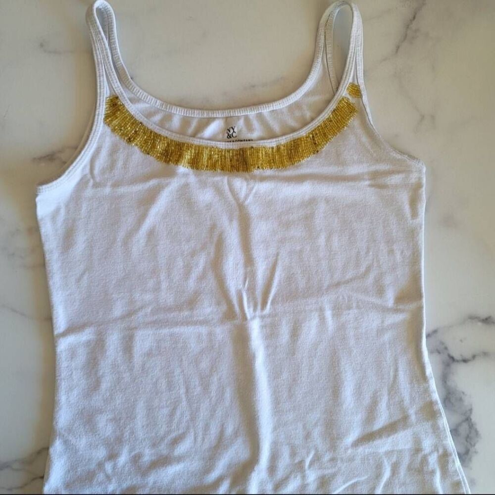 Tank Top gold beaded NY & Company XS white jewel basic dressy pullover shirt